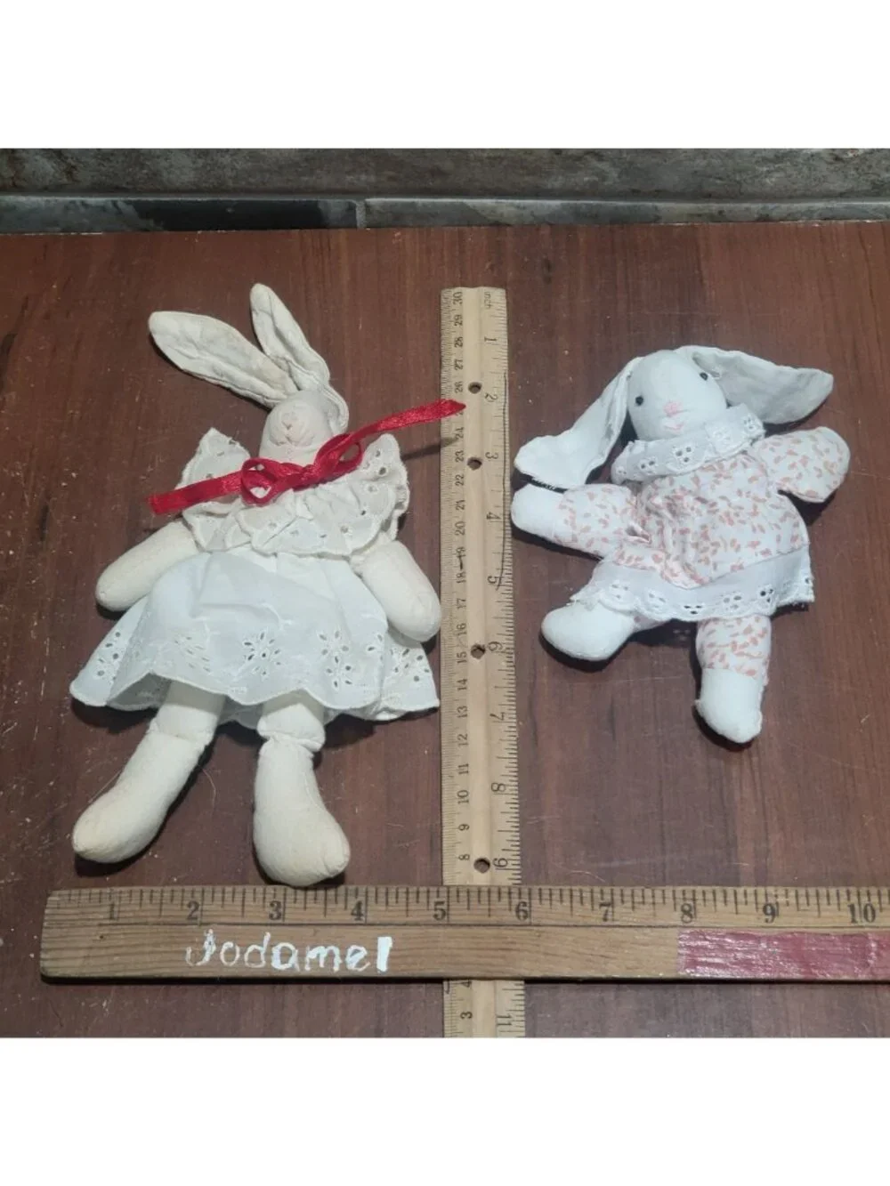 Vintage Country Muslin Cloth Bunny Rabbit Dolls Lot 2 Cottagecore Folk Art Lace
